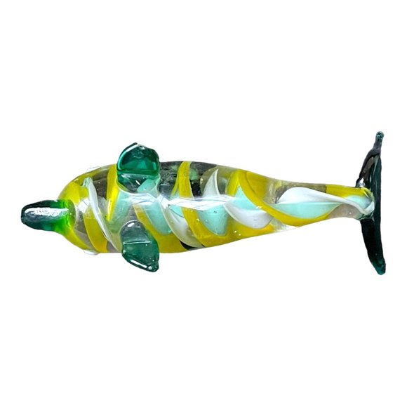 Art Glass Dolphin Paperweight Figurine green/yellow Swirl Stripe Hand Blown - Picture 6 of 7